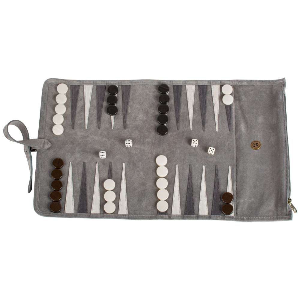Manopoulos Roll Up Suede Backgammon Set - Grey