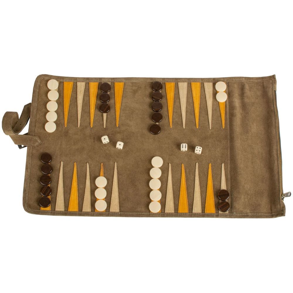 Manopoulos Roll Up Suede Backgammon Set - Khaki Brown