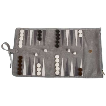 Manopoulos Roll Up Suede Backgammon Set - Grey