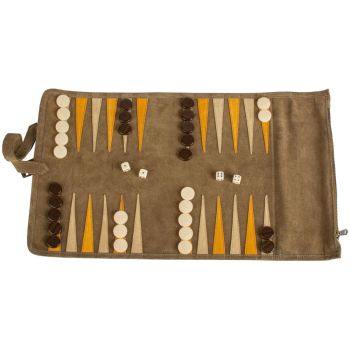 Manopoulos Roll Up Suede Backgammon Set - Khaki Brown